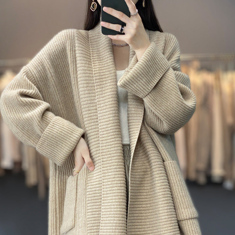 Mid Length Idle Knitted Cardigan Women Loose Design Collared Thickening Solid Color Sweater Coat Overcoat One Size Ivory