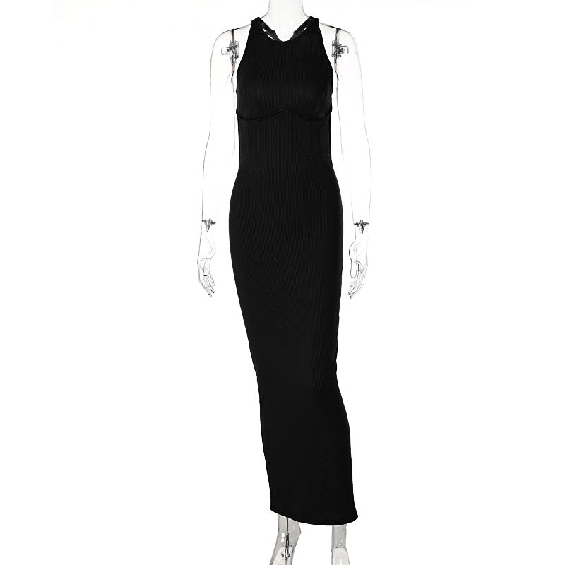 Women Clothing Spring Summer Sexy Sleeveless Backless Long Slim Dress Black