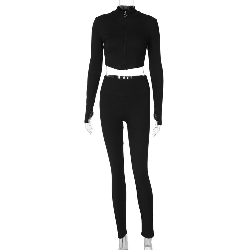 Women Clothing Winter Sexy Cropped Long Sleeve Top Slim Fit Yoga Pants Suit Black