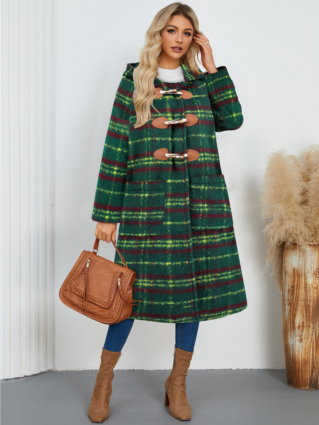 Winter Cardigan Horn Button Woolen Coat Loose Retro Hooded Warm Plaid Long Coat Green