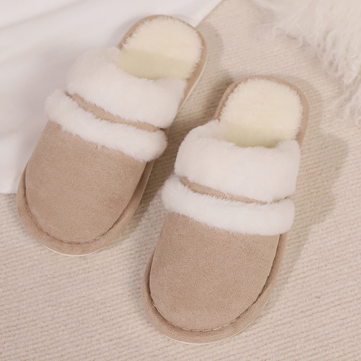 Fluffy Slippers Autumn Winter Warm Slugged Bottom Home Thickened Fleece Slippers Home Indoor Cotton Slippers Rabbit Fur Stitching Khaki