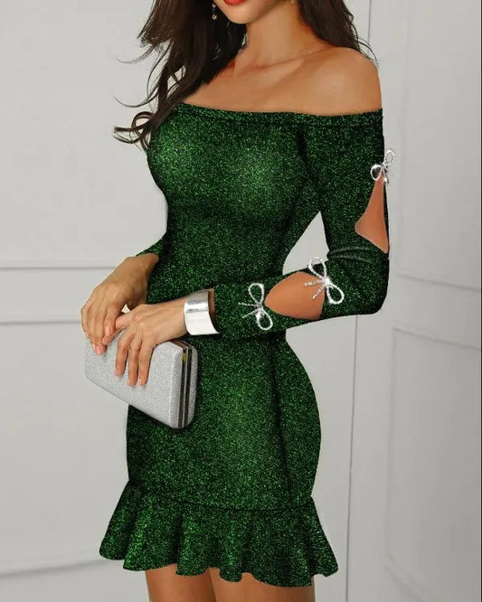 Women Clothing Slim Fit Hip Long Sleeve off Shoulder Sexy Evening Dress