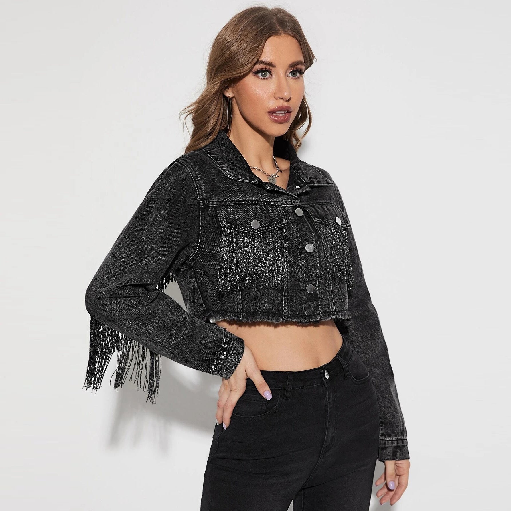 Denim Jacket Women Tassel Stitching Do the Old Cowboy Jacket Women Black