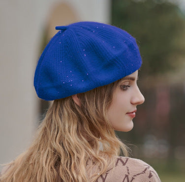 Beret Women Autumn Winter Woolen Hat Fleece lined Winter Knitting Hat Solid Color Women One Size Royal Blue