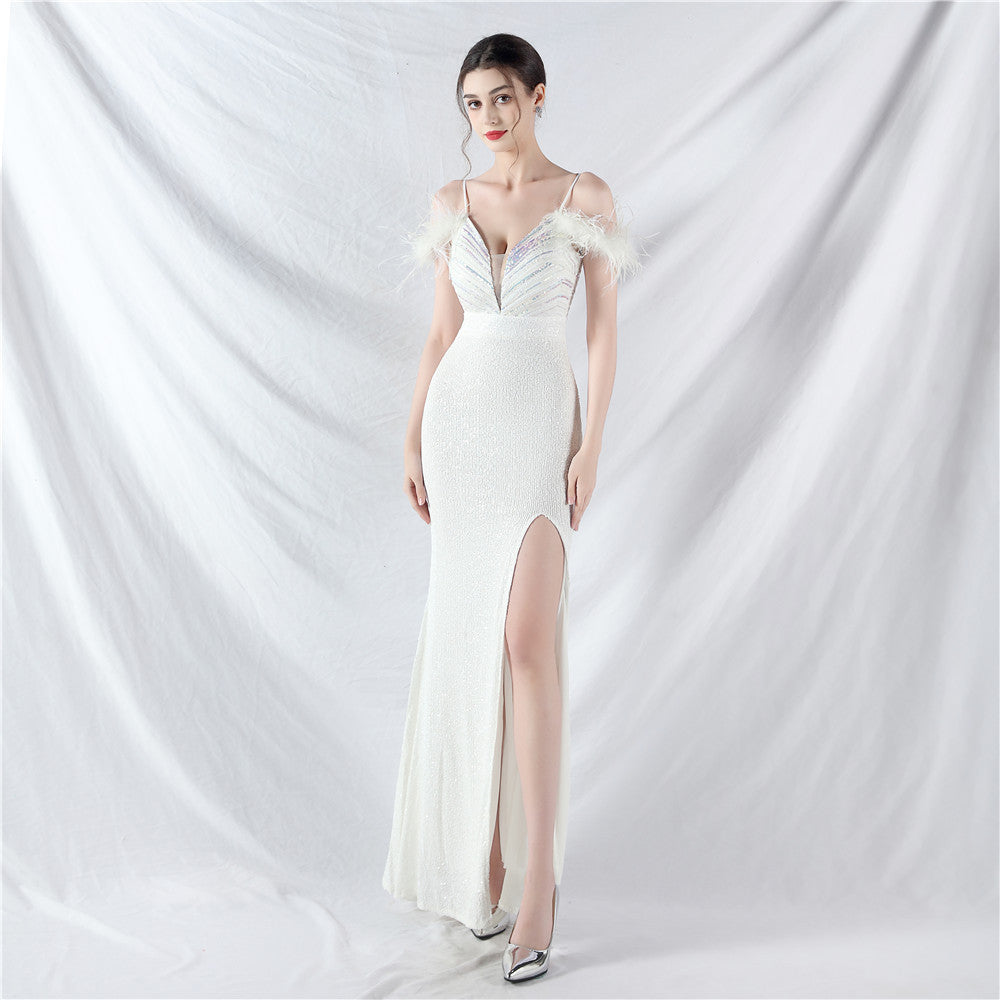 Craft Order Ostrich Feather Sequin Ladies Party Evening Dress Sexy Long Sleeveless Split Toast Dress White