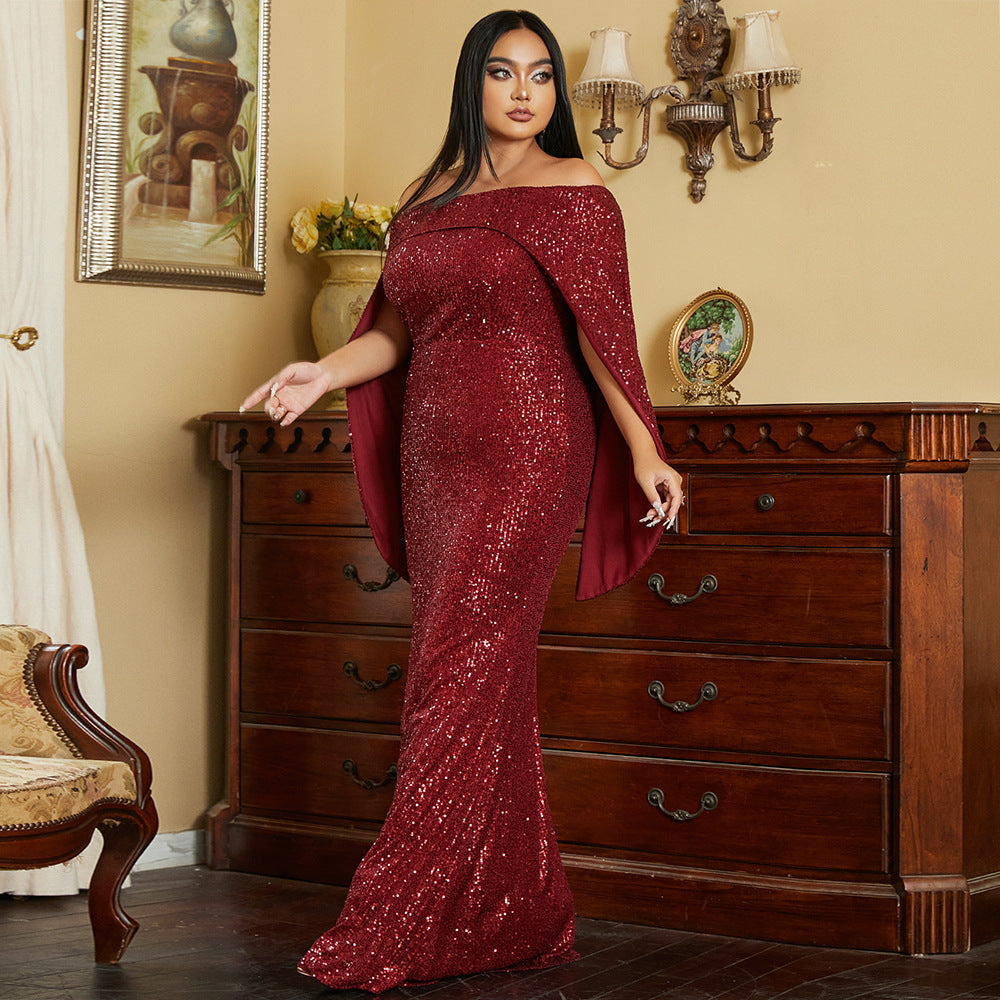 Plus Size Women Clothing Long Sleeve off Shoulder Long Cocktail Sequined Bridesmaid Dress Evening Dress Women Red