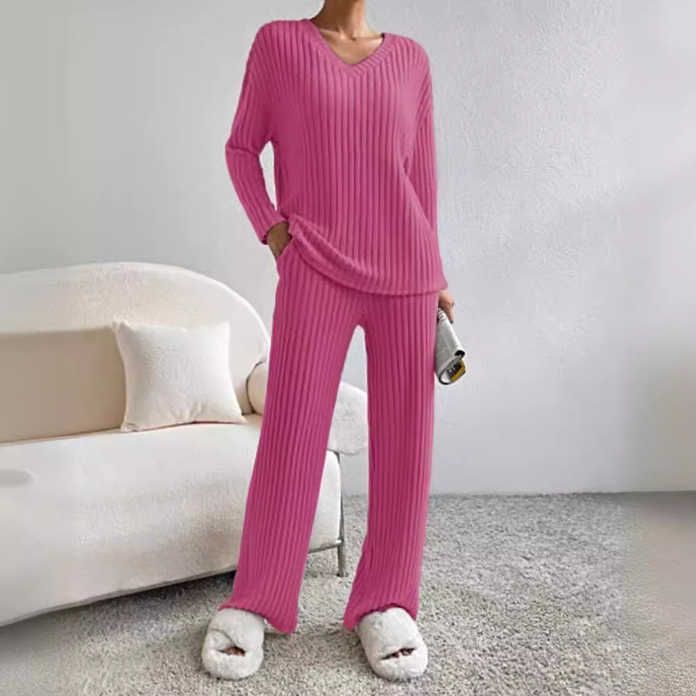 Two Piece Set Women Autumn Casual Straight Leg Pants Loose V neck Sunken Stripe Knitted Set