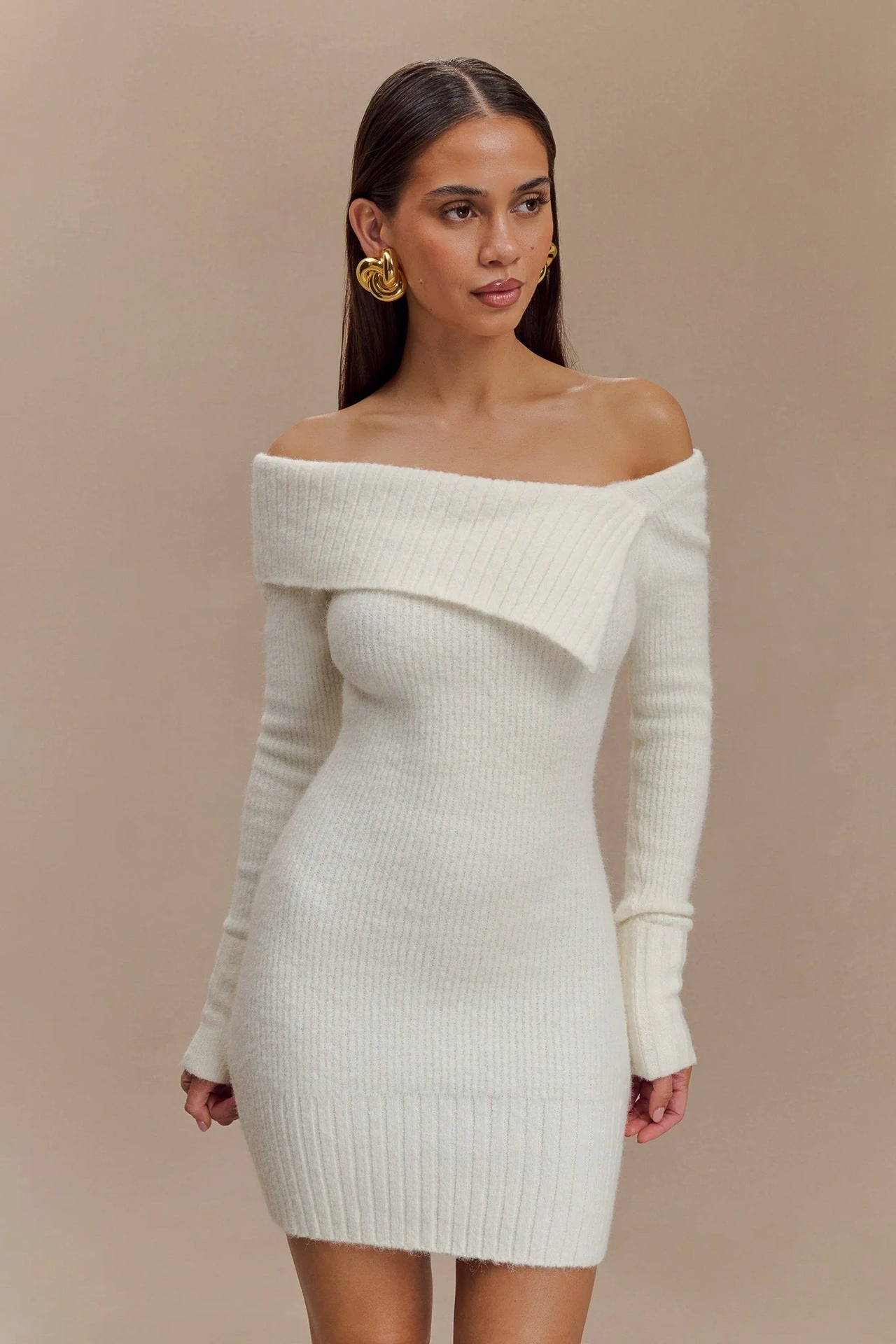 Autumn Winter Sweater Dress Women Long Sleeved off Neck Knitted Tight Graceful Short Dress White