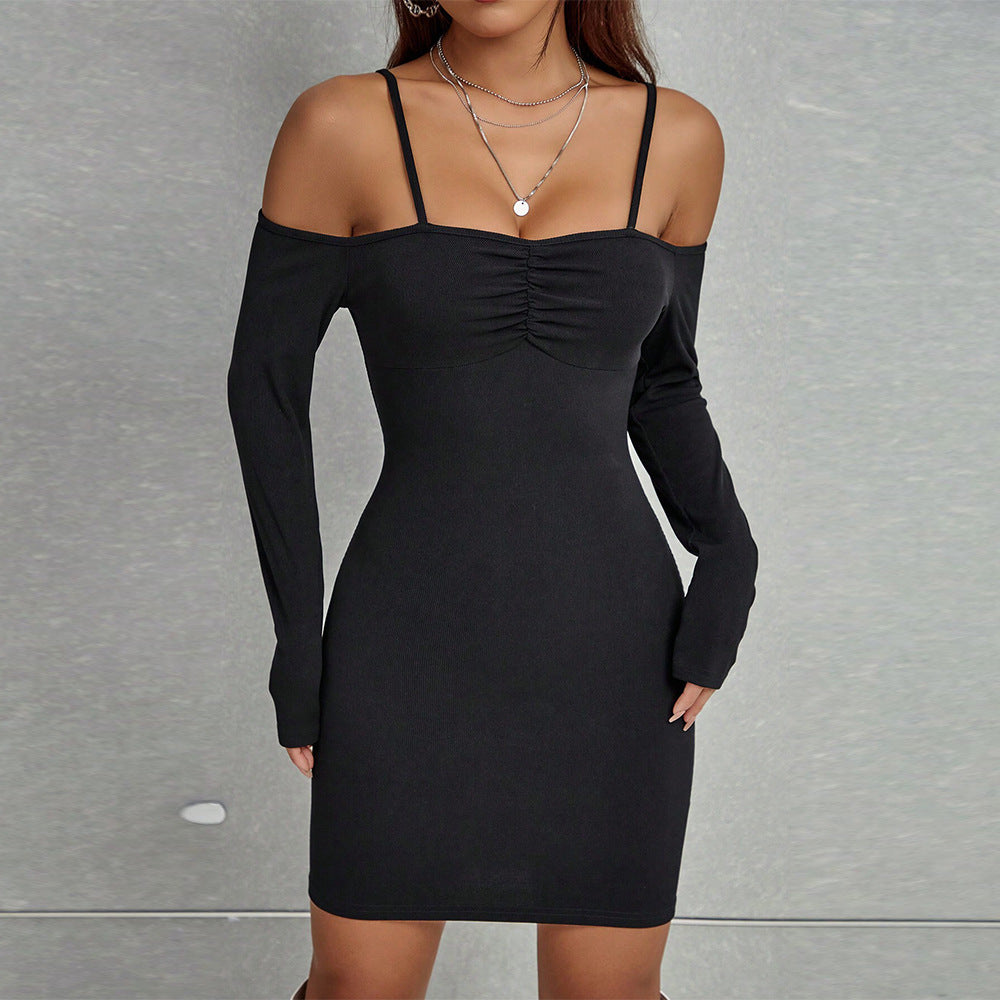 Women Clothing Sexy Sling Dress Fall Winter Slim Flattering Sheath Black