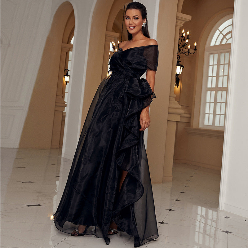 Adult Black off-the-Shoulder Low-Cut Mesh Stitching Princess Elegant High-End Evening Dress for Women Organza