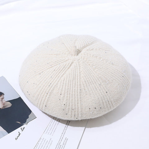 Beret Women Autumn Winter Woolen Hat Fleece lined Winter Knitting Hat Solid Color Women One Size White