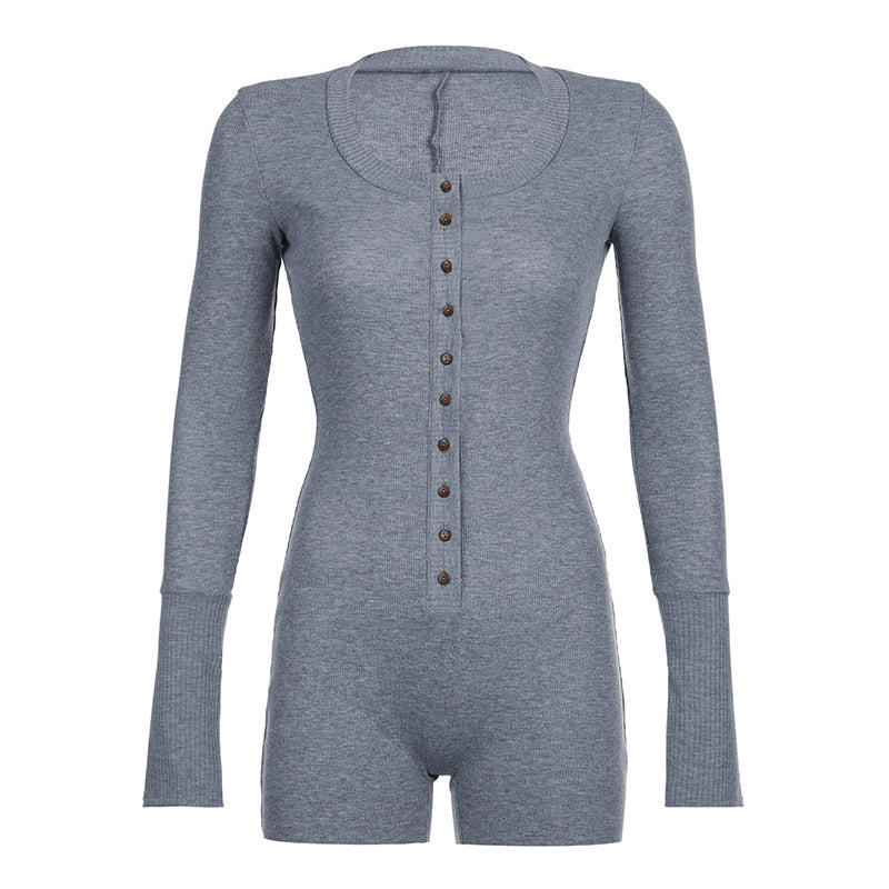 Sports Women Clothing Girls Street Solid Color Breasted Waist-Controlled Long Sleeves Knitted Short Romper Jumpsuit Gray