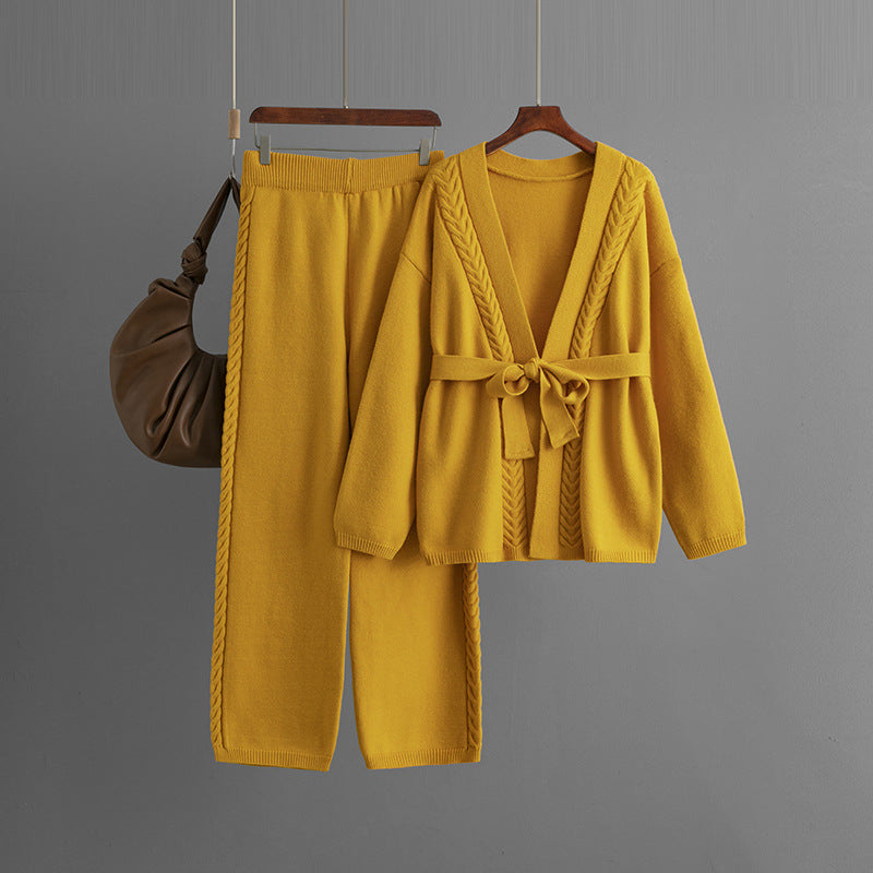 Loose Casual Sweater Women Knitted Cardigan Coat Wide Leg Pants Two Piece Set One Size Yellow