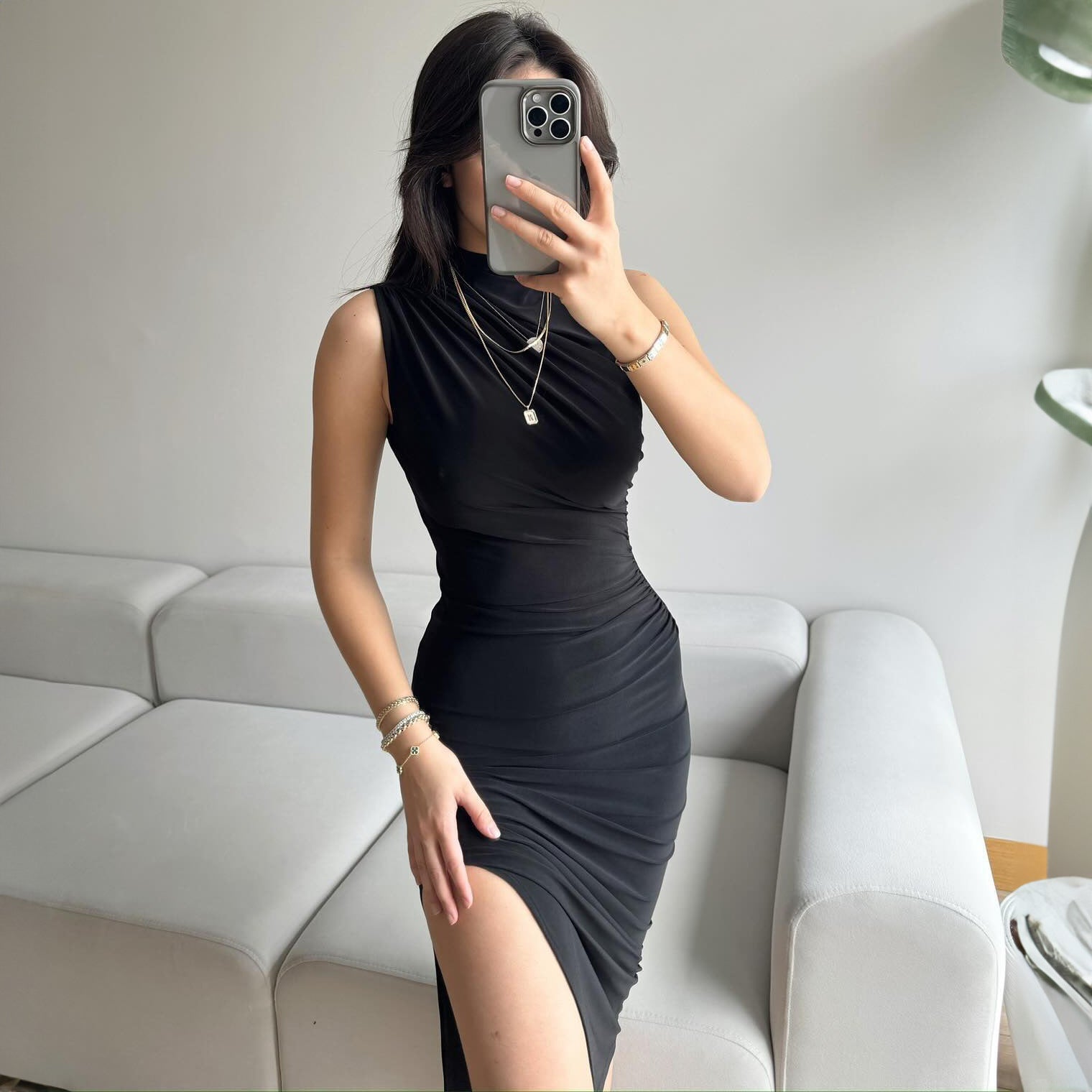 Summer Solid Color Split High Waist Slim Sexy Sleeveless Long Women Clothing Dress