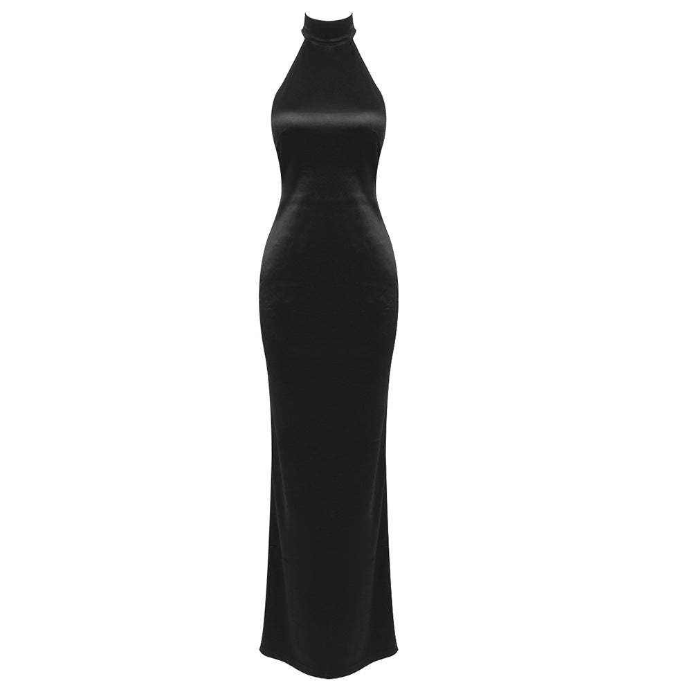 Women Clothing Halter Silk Satin Texture Backless Slim Fit Dress Black