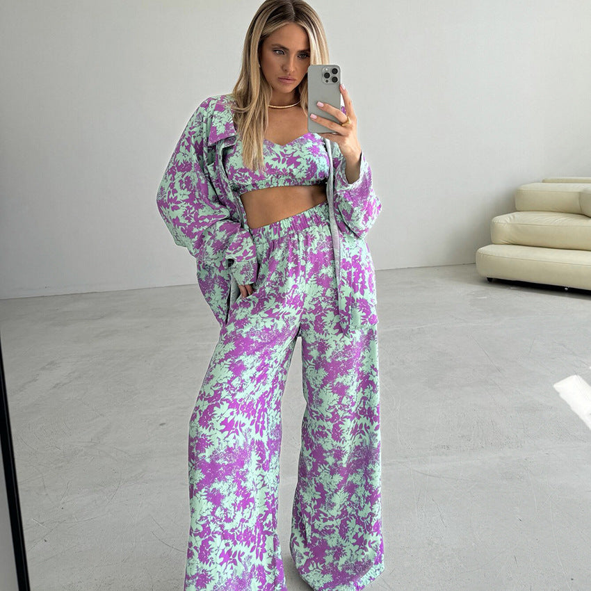 Printing Thin Pajamas Casual Long Sleeved Underwear Trousers Three Piece Set Home Wear Women