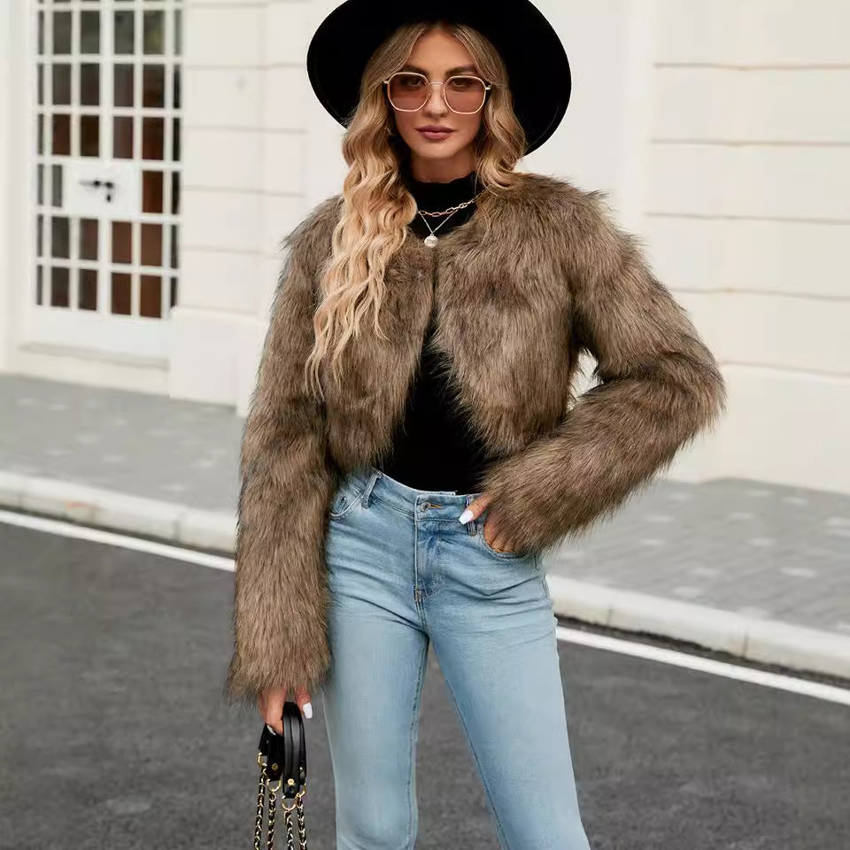 Casual Women Faux Fur Top Women Fur Short Coat Brown