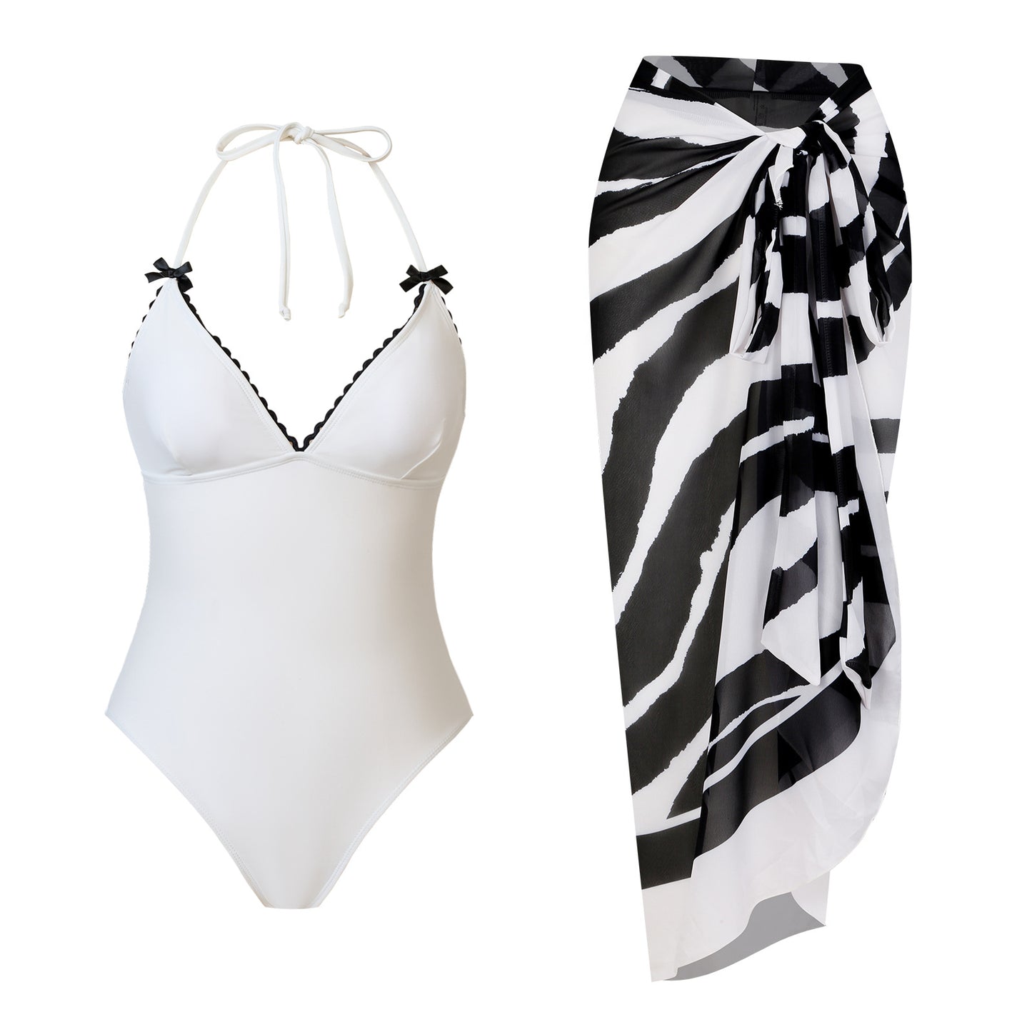 One Piece Swimsuit Women Black White Sexy Two Piece Sets Swimsuit Chiffon Dress