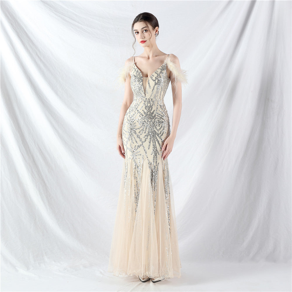 Color Craft Order Ostrich Feather Mesh Sequin Sexy Sling Dress Evening Dress Apricot silver