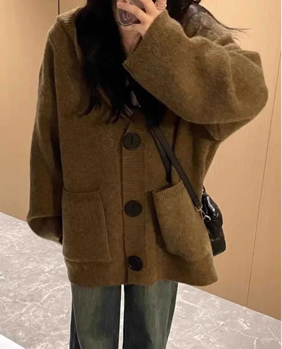 Internet Lazy Knitted Cardigan Hooded Sweater Coat Women Loose Gentle Loose Soft Glutinous One Size camel