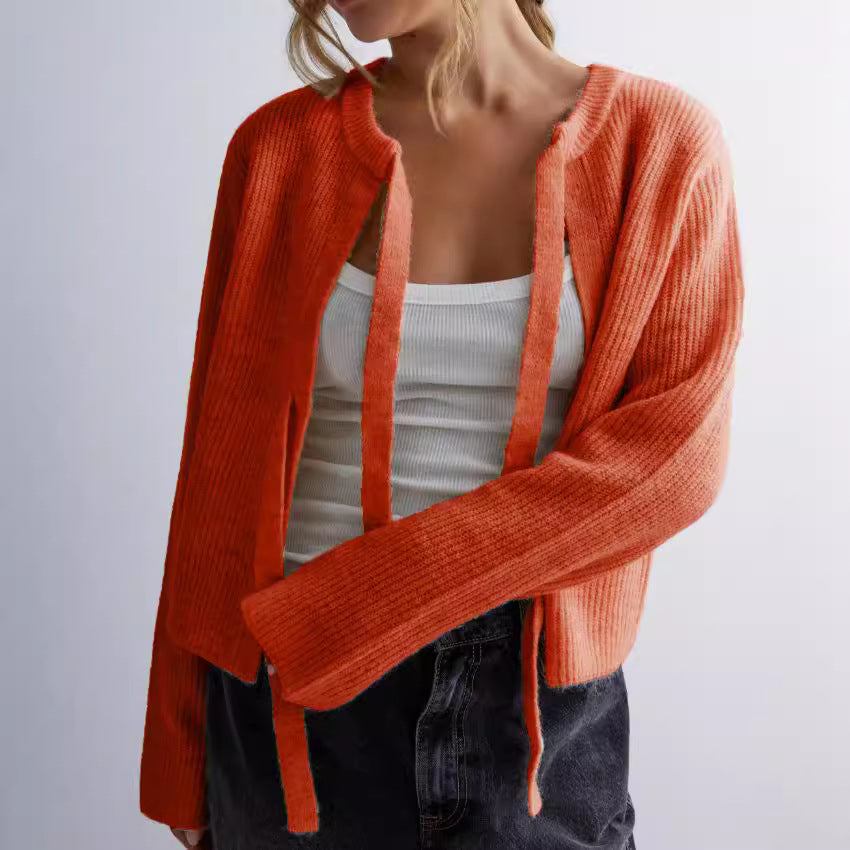 Autumn Winter Women Tops Solid Color Tied Cardigan Loose Sweater