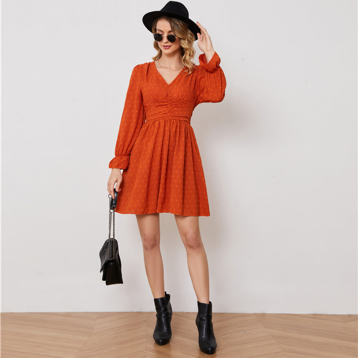 Dress Women Clothing Spring Summer Jacquard V Neck Waist Dress