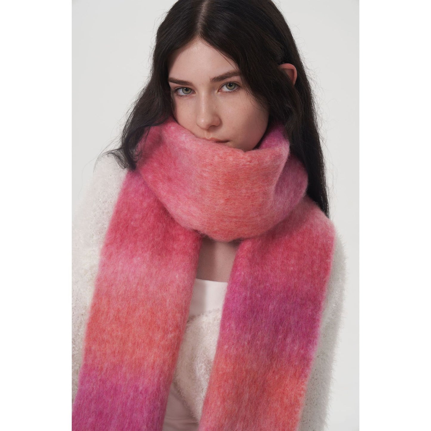 Autumn Winter Thick Warm Retro Gradient Wool Blended Textile Scarf Women One Size Pink