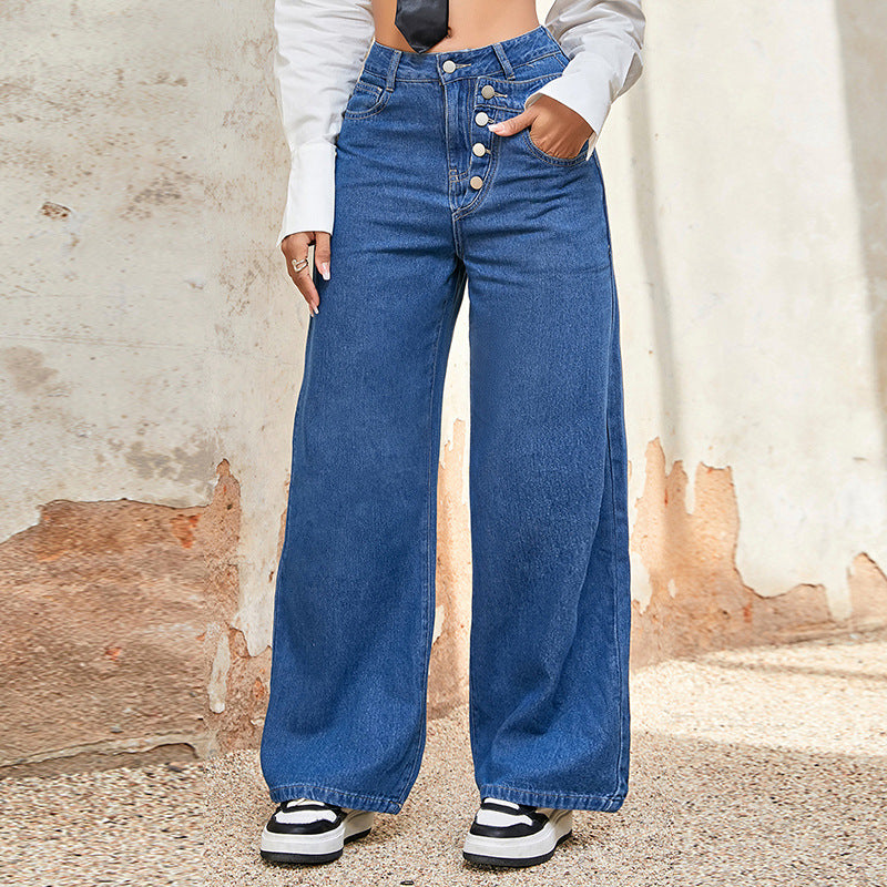 High Waist Jeans Autumn Loose Straight Trousers Draping Single Breasted Mop Pants High Waist Slimming Wide Leg Pants