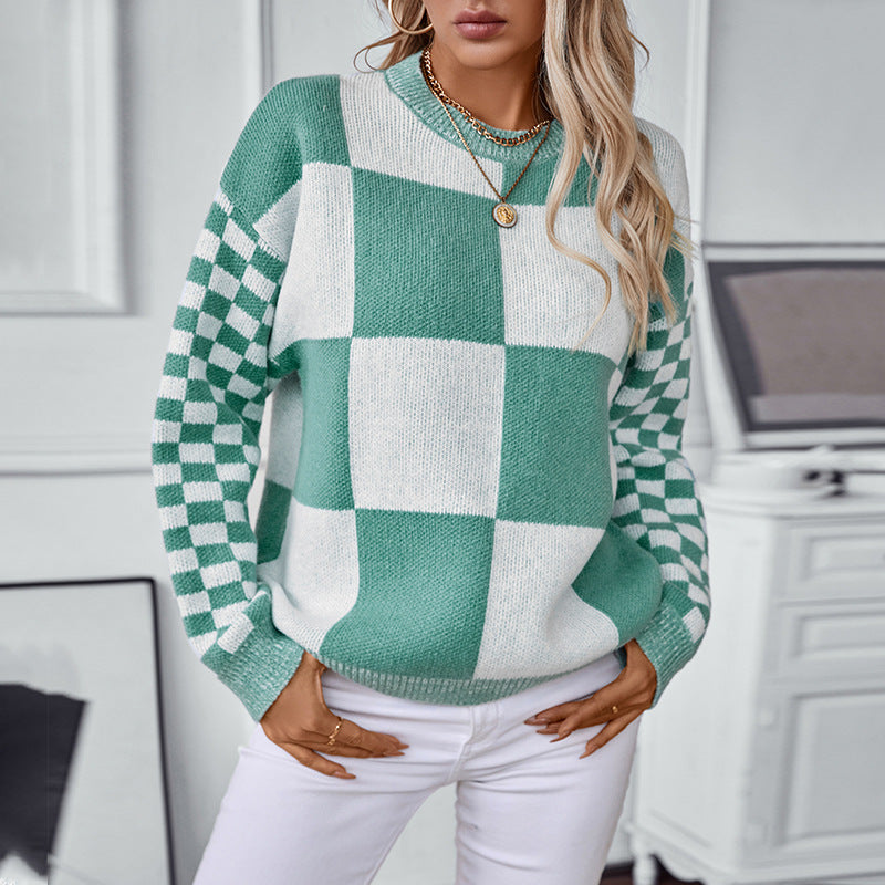 Contrast Color Check Pullover Women Knitted Sweater Autumn Winter All Matching Women Top