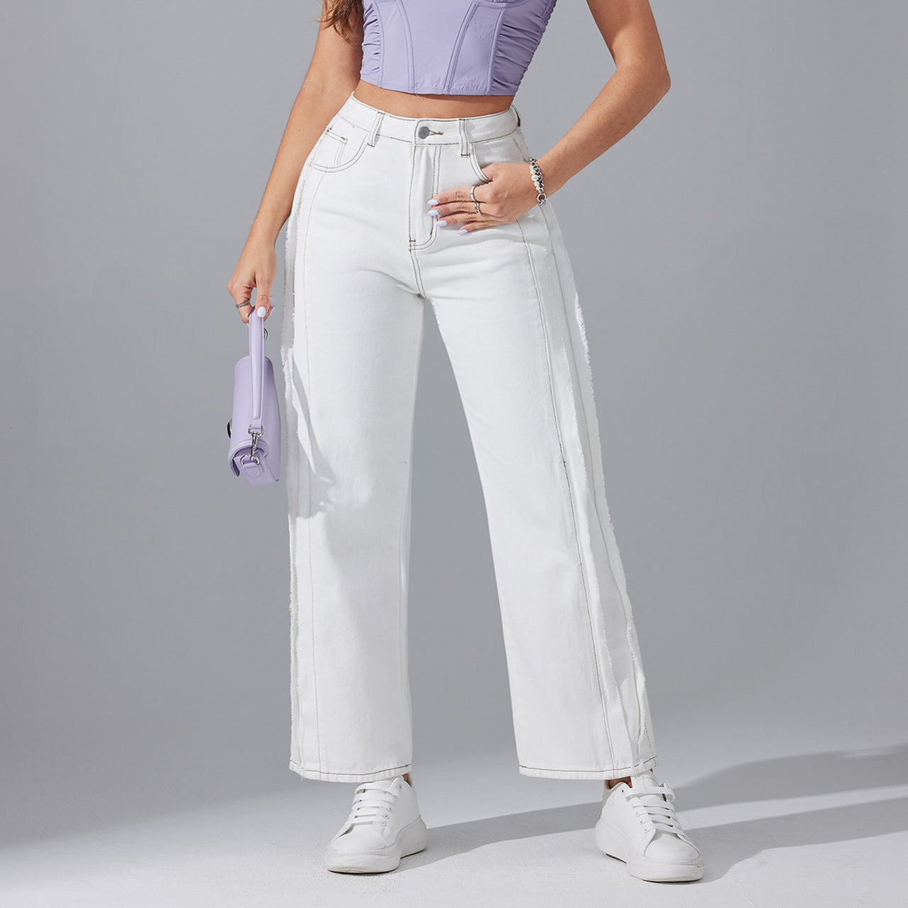 High Waist Raw Hem Straight White Jeans Spring Casual Office Loose Slimming Fashionable Design Pants