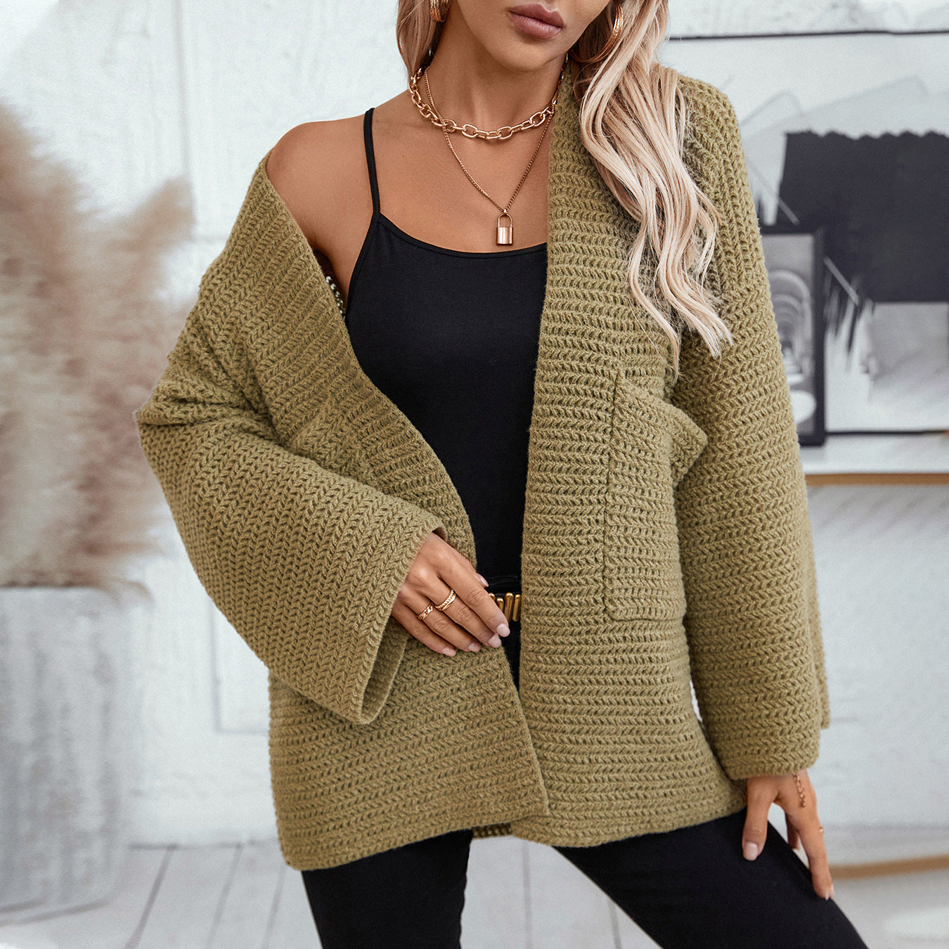 Solid Color Pocket Knitted Sweater Cardigan Coat Women Autumn Winter Casual Loose Long Sleeve Women Clothing