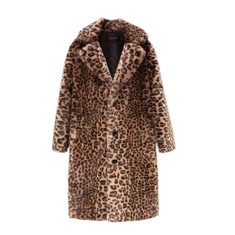 Leopard Print Coat for Women Winter Slim Fit Slimming Faux Fur Leopard Print Long Warm Thickened Plush Coat Leopard