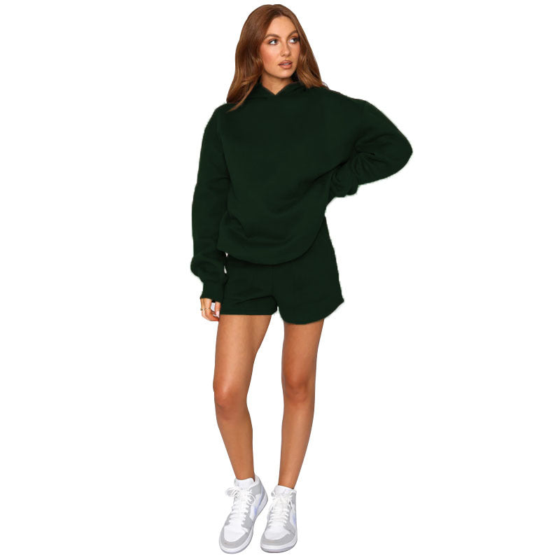 Autumn Winter Solid Color Hooded Pullover Long Sleeve Sweaters Women Clothing Shorts Suit blackish green