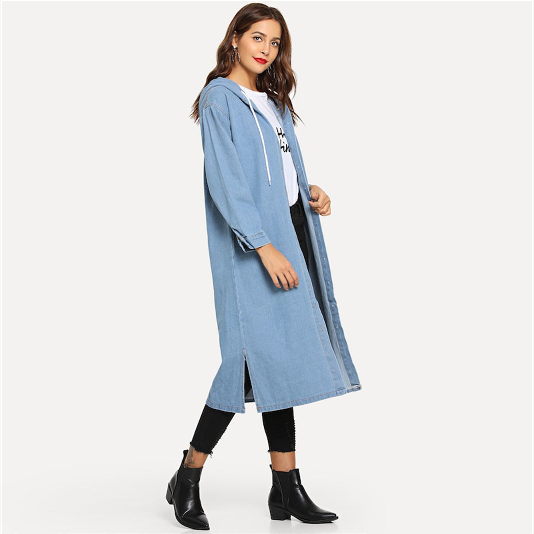 Plus Size Denim Jacket Women Autumn Winter Hooded Drawstring Mid Length Denim Coat Trench Coat