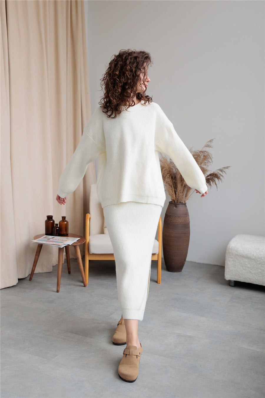 Autumn Winter Sunken Stripe Mid Length Skirt Set Women Elegant Design Cardigan Knitted Sweater Slit Half Length One Size Ivory