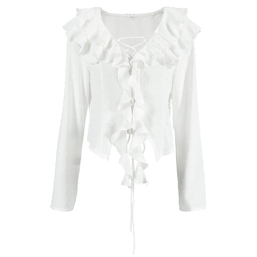 Autumn White Crepe Casual Ruffled Sexy Elegant Lace up Long Sleeve Women Shirt