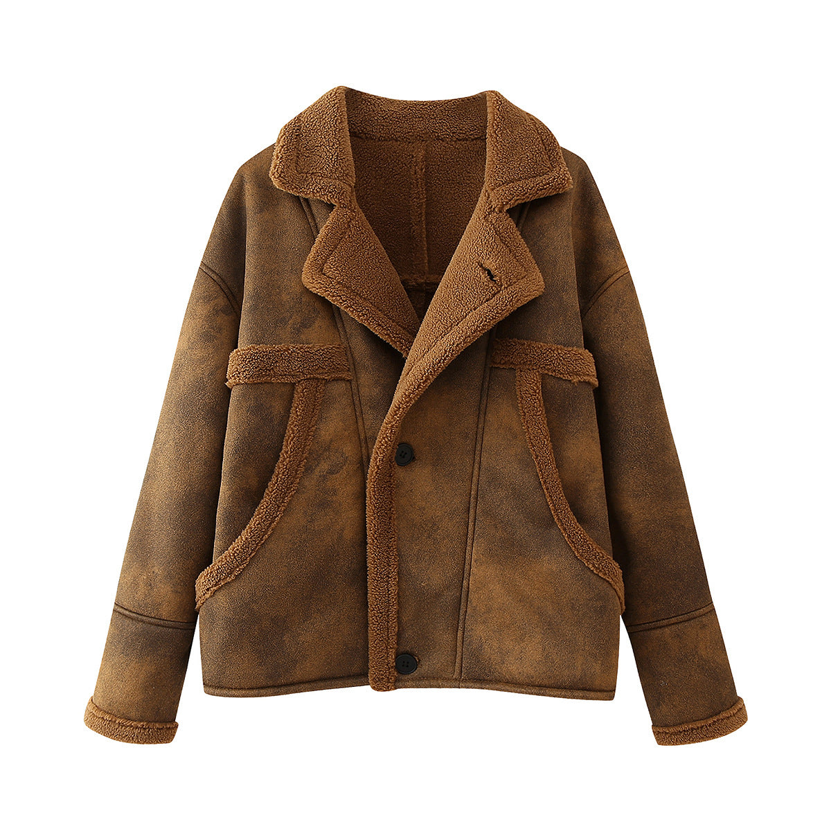 Maillard Thickened Faux Shearling Jacket Imitation Lamb Wool Women Coat Autumn Winter Motorcycle Clothing Loose Leather Coat Lazy Coat Dark Brown