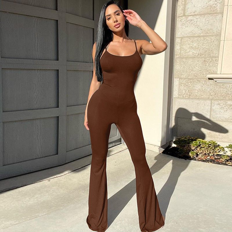 Women Clothing Spring Sexy U Collar Backless Slim Fit Solid Color Sling Jumpsuit Coffee