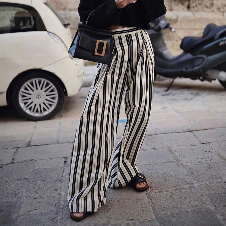 Women Clothing Black White Striped Wide Leg Pants Casual Slimming High Waist Loose Drooping Mop Trousers Women