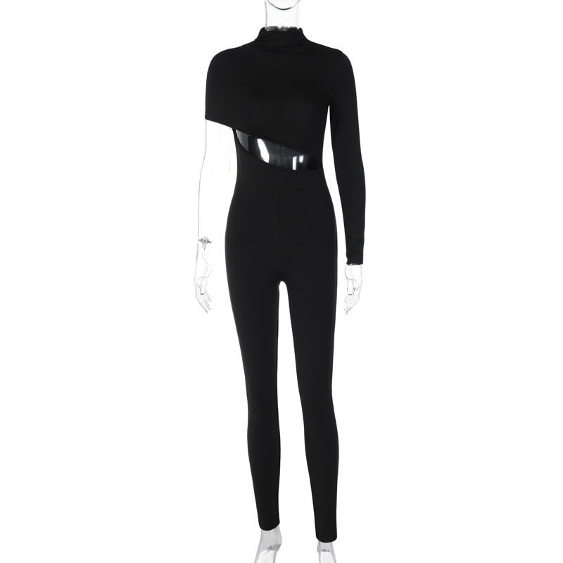 Women Clothing Autumn Sexy Personalized High Elastic Shoulder Long Sleeve Jumpsuit Black