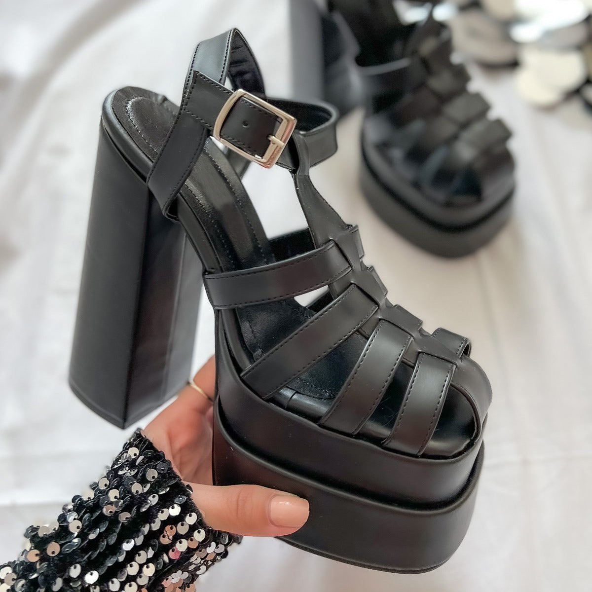 Thick High Heel 14.5cm Black White Purple Sandals Buckle Waterproof Platform Word Platform Women Shoes