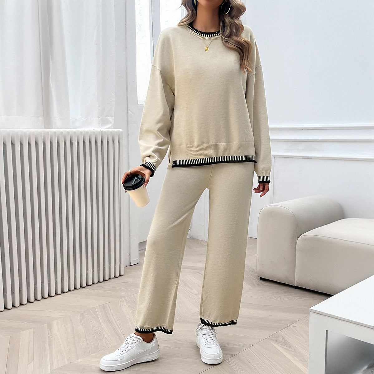 Women Clothing Autumn Winter Casual Contrast Color Knitted Sweater Trousers Suit Apricot