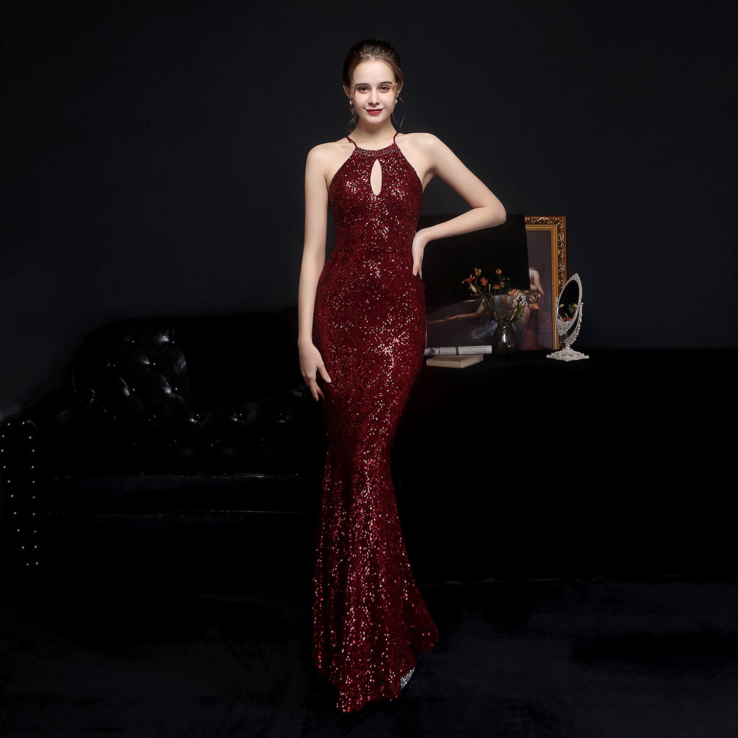 Cocktail Elegant Long Halter Set Diamond Sequined Aura Queen Fishtail Evening Dress Jujube Red