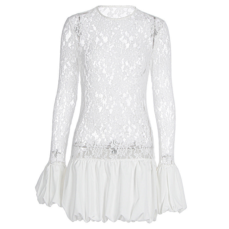 Women's Clothing Autumn Winter Stylish Long Sleeves See through Lace Tiered Dress Women