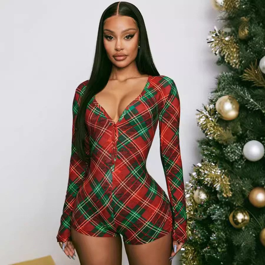 Women Clothing Christmas Printed Checks V neck Long Sleeve Romper Featured Festive Women Jumpsuit