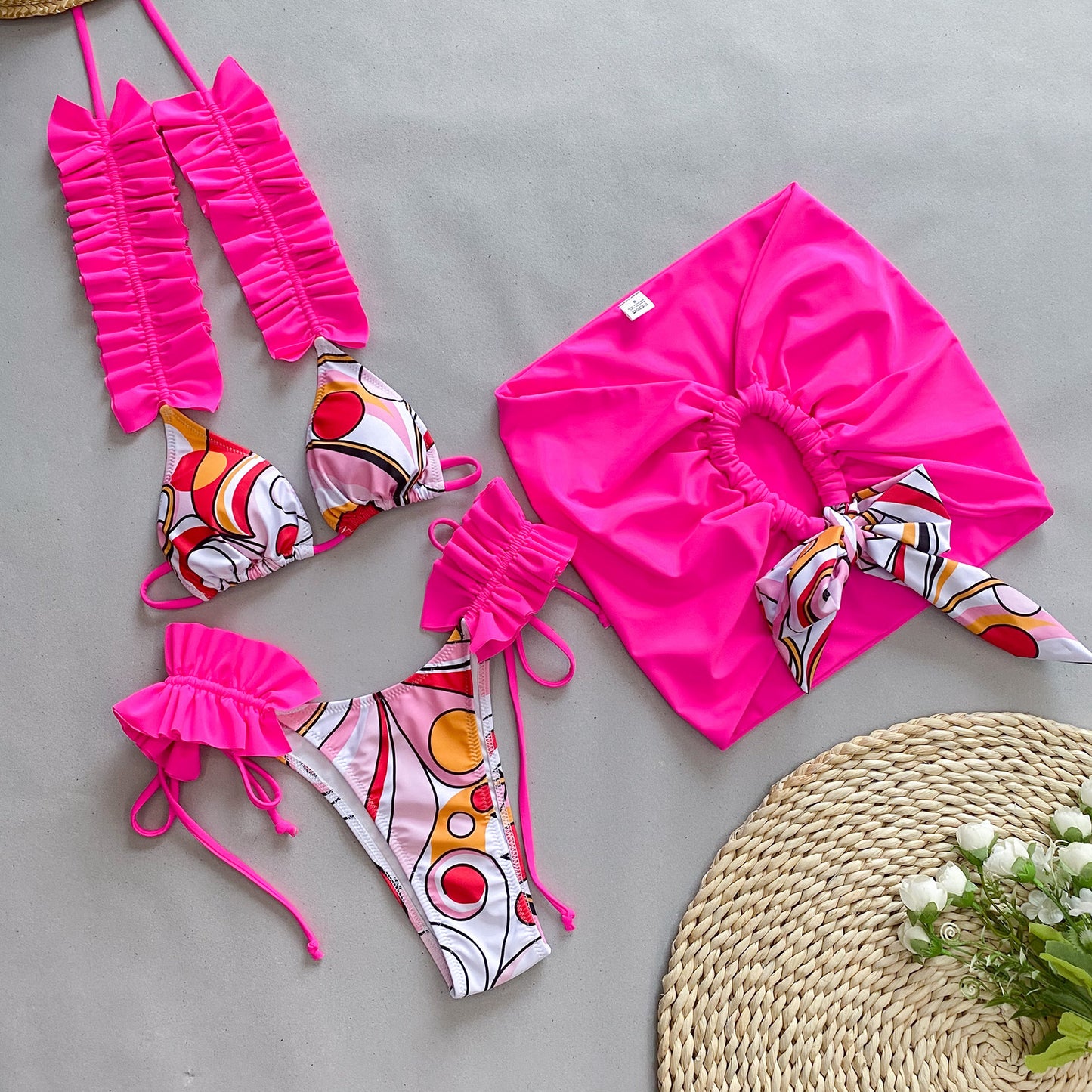 Three Piece Set Bikini Bikini Pleated Edge Split Women Swimsuit Rose Red