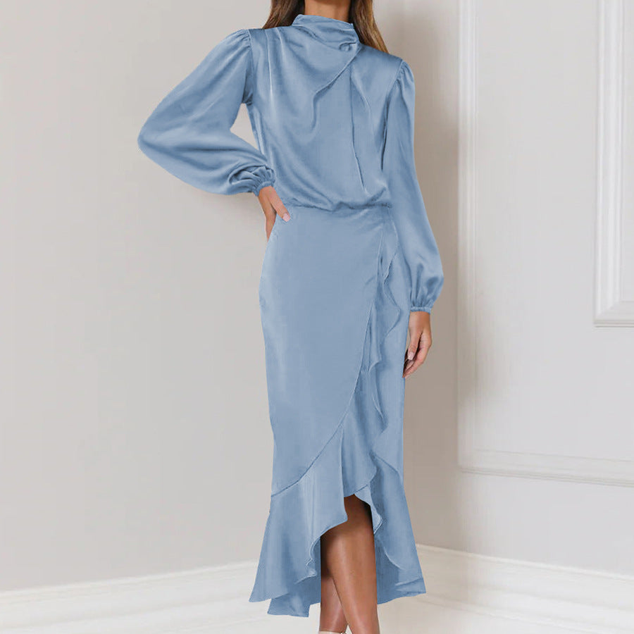 Fishtail High Grade Satin Long Sleeve Loose Dress Elegant Women Dress Evening Dress Blue