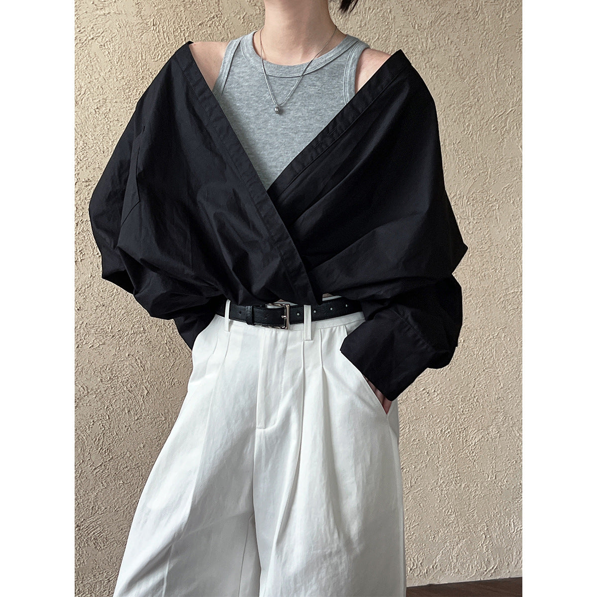 Early Autumn French High Profile Office off the Shoulder Shirt Inner Knitted Vest Faux Two Piece Top for Women