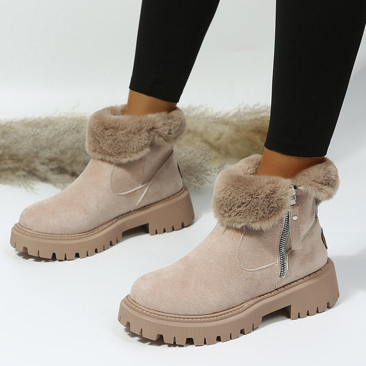 Short Thick Soled round Toe Snow Boots Women Vintage Fleece-Lined Thickening Thermal Cotton Shoes Khaki