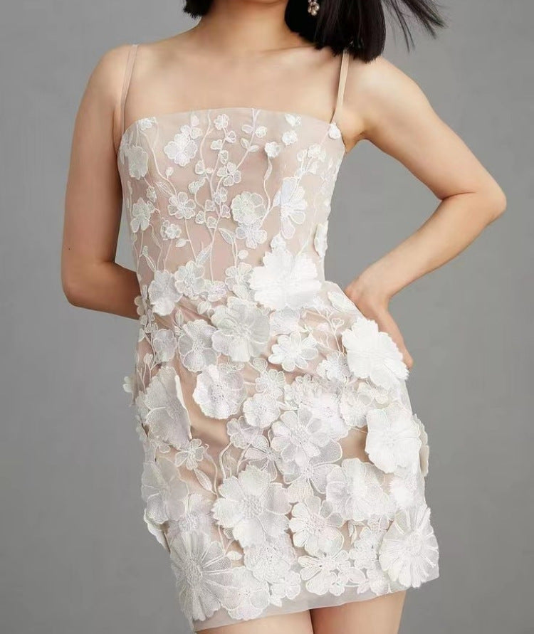 Spring Summer Gorgeous Three Dimensional Floral Embroidered Strap Short Dress Dinner Suit